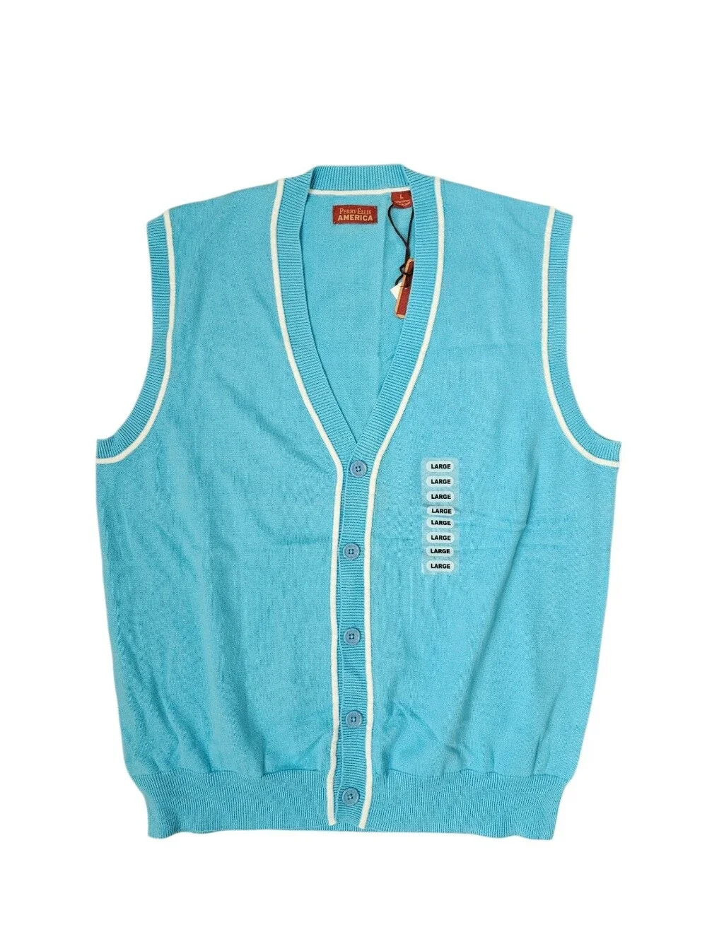 NWT PERRY ELLIS AMERICA Aqua White Trim Button Front Cotton Vest | SZ L